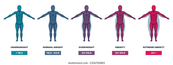 Índice de masa corporal. Silueta humana de diferentes formas y tamaños, con bajo peso, sobrepeso y obesidad. Ilustración vectorial de gráfico de índice de masa. Fórmula anatomía, peso no saludable