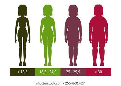 Body mass index infographics. BMI. Obesity and overweight. Weight loss. Fat, normal and thin figure. Healthy and obese man stock vector illustration isolated on a white background.