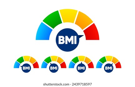 Body-Mass-Index-Stufe. Körperkonzept. Übergewichtige Diagrammwaagen. Kontrolle des Body Mass Index. In: Vector Illustration.