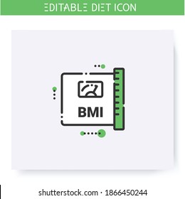 Body mass index line icon. Body weight control. Fat measurement method. Diet. Weight loss. Portion control. Calorie count. Slimming concept. Isolated vector illustration. Editable stroke 
