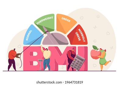 Gráfica médica de índice de masa corporal. Pequeñas personas en escalas, con manzana y calculadora, dieta y fitness control de la ilustración vectorial plana. IMC, concepto de salud para banner, diseño de sitio web o página web de aterrizaje