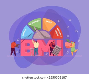 Índice de masa corporal cuadro médico. Pequeñas personas en escalas, con manzana y calculadora, dieta y Ilustración vectorial plana de control de fitness. IMC, concepto de salud para Anuncio, diseño de Sitio web o página de Web de aterrizaje