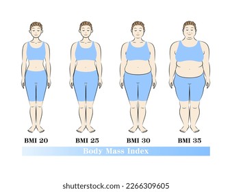 Índice de masa corporal. Cambios en la forma corporal en la mujer de mediana edad. Dieta antes y después. Ilustración. Vector.
