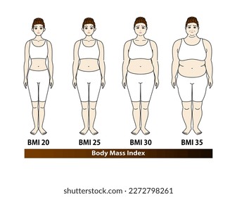 Body Mass Index. Veränderungen der Körperform bei jungen Frauen. Diät vor und nach. Illustration. Vektorgrafik.