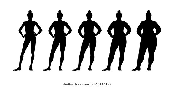 Body mass index vector illustration from underweight to extremely obese. Women's silhouettes with different degrees of obesity. Female body with different weight.