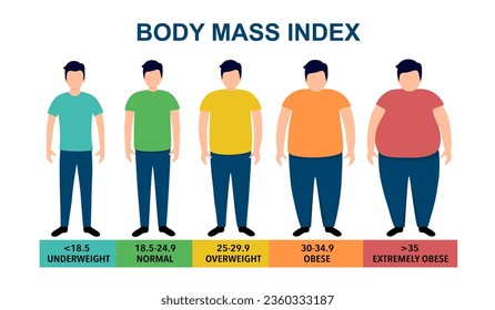 Body mass index vector illustration from underweight to extremely obese. Man with different obesity degrees. Male body with different weight. svg