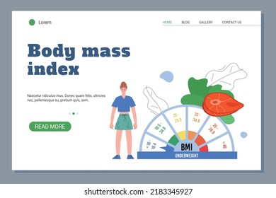 Body Mass Index Website Banner Design With Cartoon Slim Woman Character. Diet And Control Of Body Weight With BMI Measure Scale, Flat Vector Illustration.