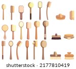 Body massage brush icons set cartoon vector. Spa bath. Wood body