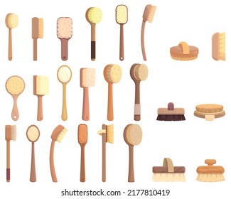 Body massage brush icons set cartoon vector. Spa bath. Wood body