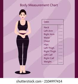 Body Mearsurement Chart Woman Character, A chart of a woman's body. The scheme measures the human body for clothing. Samples for diet, fitness.