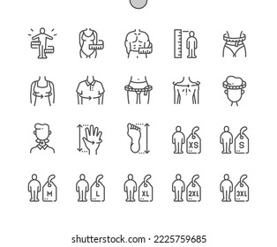 Body measurement. Clothes size. Waist circumference, hip, chest, sleeve length, height. Pixel Perfect Vector Thin Line Icons. Simple Minimal Pictogram