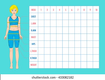 Body measurement tracking chart layout. Blank weight loss chart. Chest, waist, hips, arms, thighs measurements recording. Figure of the girl, model in sportswear. Vector illustration.