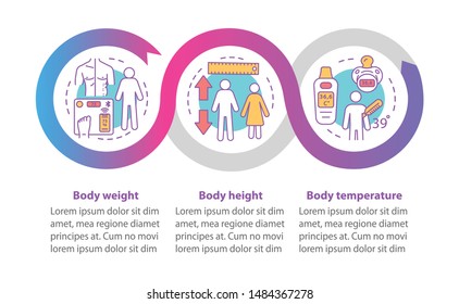 Body Measurement Vector Infographic Template. Weight, Height. Healthcare Presentation Design Elements. Data Visualization, Three Steps, Options. Process Timeline Chart. Workflow Layout, Linear Icons