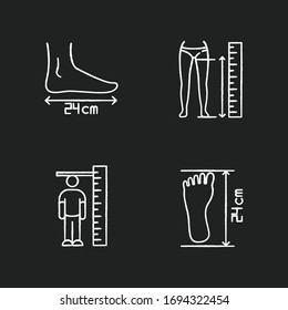 Body measurements chalk white icons set on black background. Inside leg, foot length and human height determination. Bespoke tailoring and shoemaking. Isolated vector chalkboard illustrations