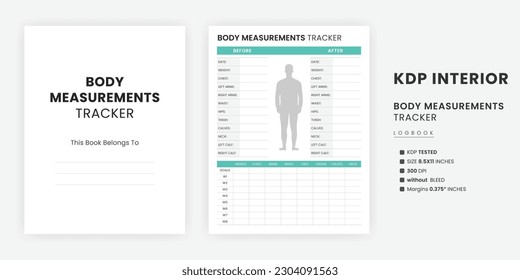 Body Measurement Tracker Log Book Printable KDP Interior Template. A gehört zur Seite US-Buchstabengröße auf weißem Hintergrund Body Measurement Chart mit Kindle Direct Publishing Interior Template.