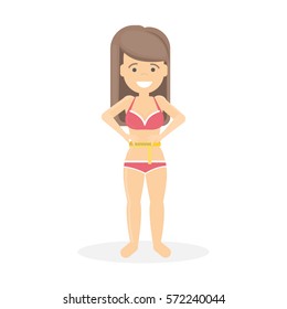 Body with measuring tape. Concept of being fit and slim, following diet and fashion. Beautiful cartoon woman.