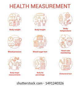 Body measuring tools concept icons set. Weight, height check idea thin line illustrations. Monitoring cardiological parameters, heart rate, pulse. Vector isolated outline drawings. Editable stroke
