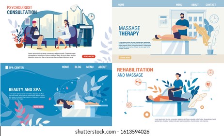 Body Mental Therapy and Rehabilitation Services Set. Flat Landing Page for Professional Recovery Massage, Medical Consultation, Psychologist Counseling, Beauty and Spa Services. Vector Illustration