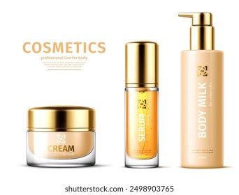 Body milk, serum and cream package cosmetic product templates. Isolated realistic 3d vector bottles and glass jar packaging mockups with golden glossy caps. Luxury cosmetics for skincare routine