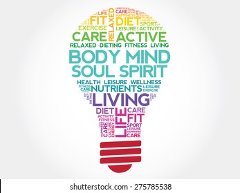 Body Mind Soul Spirit Bulb Word Cloud, Health Concept