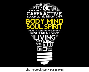 Body Mind Soul Spirit bulb word cloud collage, health concept background