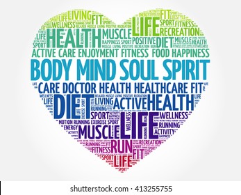 Body Mind Soul Spirit Heart Word Cloud, Fitness, Sport, Health Concept