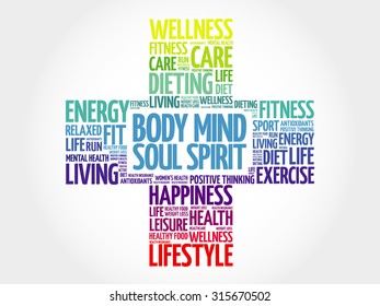 Body Mind Soul Spirit word cloud, health cross concept