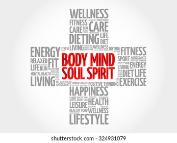 Body Mind Soul Spirit word cloud, health cross concept