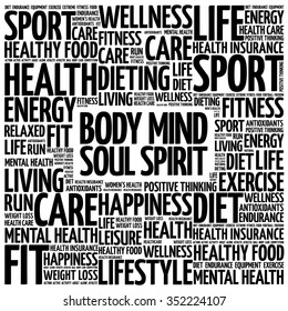 Body Mind Soul Spirit word cloud background, health concept