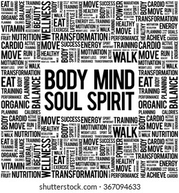 Body Mind Soul Spirit word cloud background, health concept