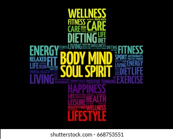 Body Mind Soul Spirit word cloud, health cross concept