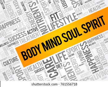 Body Mind Soul Spirit word cloud collage, health concept background