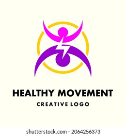 Body Movement Icon. Sports Elegant Vector Logo Template. Logo For A Healthy Gymnastics Group Or Community. 2 Person Shape Icon And Power Icon In A Circle