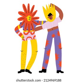 body neutral abstract persons - couple character in hippie style of 60s and 70s.Vibrant funky groovy relationship.Flat lgbt with flower.Peace and love.Non-binary love.Sublimation print.Human right