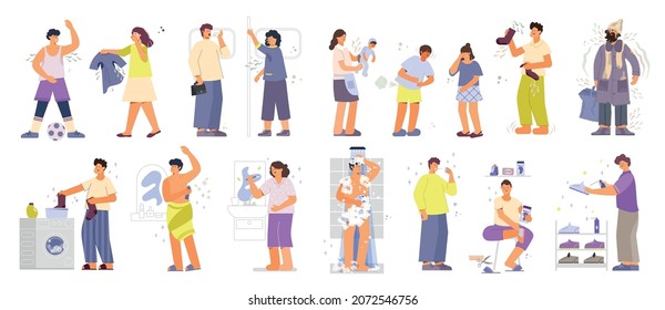 Body odor set with isolated icons and human characters taking bath with dirty clothes and shoes vector illustration