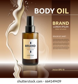 Body oil cosmetic ads template. Hydrating body lotions. Mock up 3D Realistic illustration. Liquid drops