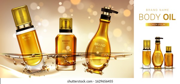 Body Oil Cosmetics Bottles Mockup Banner. Beauty Cosmetic Product Line For Skin Moisturizing And Treatment On Blurred Golden Background. Advertising Promo For Magazine. Realistic 3d Vector, Ad Banner