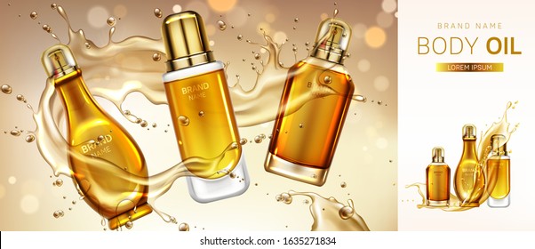 Body Oil Cosmetics Bottles Mockup Banner. Beauty Cosmetic Product Line For Skin Moisturizing And Treatment On Blurred Splash Background. Advertising Promo For Magazine. Realistic 3d Vector, Ad Banner