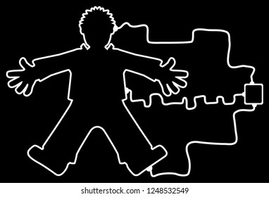 Body outline connected to unknown device, white lines on black, vector illustration, horizontal
