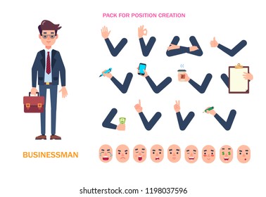 Body pack for creating a character position for your project scene. Collection of face emotions, hands in different positions with accessories. Set in front view, cartoon style, vector illustration