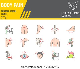 Body pain color line icon set, body ache collection, vector graphics, logo illustrations, body pain vector icons, illness signs, filled outline pictograms, editable stroke