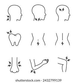 Body pain. Concept of painkiller, ointment, treatment of body pain, spasms. Migraine, toothache, back pain, sore throat, neck pain, nose, menstrual, joint. Vector illustration in outline style