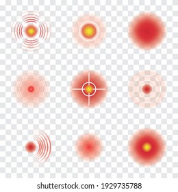 Concepto de dolor corporal. Conjunto de puntos de círculo rojo sobre fondo transparente. Marcas de localización de dolor. Vector