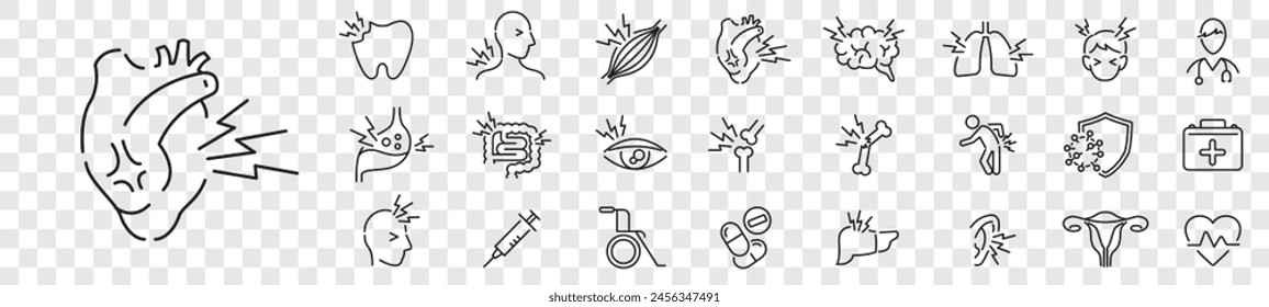 Body Pain Editable Stroke Linear Icons Kollektion Illustration Vektorgrafik. 
