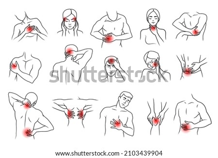 Body pain icon. Human muscle neck back joint and elbow chronic ache. Painful symptoms of disease. Inflammation and injury points. Medical infographic. Vector anatomy sketch isolated set Сток-фото © 