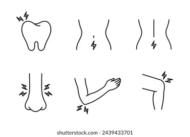 Body pain icon. Painful symptoms of disease. Inflammation and injury points. Human with headache, menstrual, abdominal pain, hand, elbow, spine, tooth, nose. Vector isolated illustration