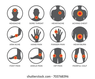 Body Pain Icon Set Vector / Headache Sore Throat Heartache Aching Chest Arm Hand Pain Finger Heartburn Foot Ankle Hip Painful Calf