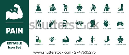 Body pain icon Solid set for backache, headache, kidney, injury, joint, muscle, teeth, ear, and Solid vector. 