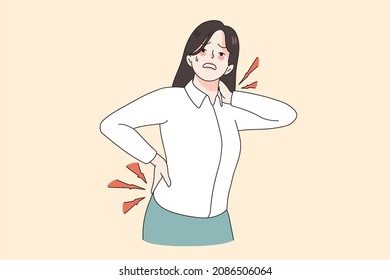 Body Pain And Injury Concept. Stressed Woman Office Worker Standing Suffering From Neck And Back Pain Touching Body Vector Illustration 