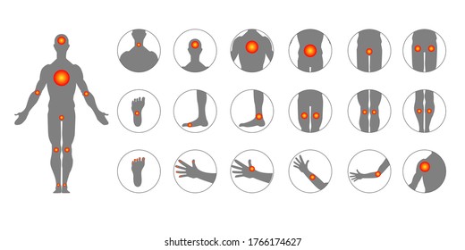 Body Pain, Injury Icon Set, Anatomy Silhouette. Point Body Design. Sore Throat, Headache, Heartache, Heartburn. Medical Treatment Concept. Infographics